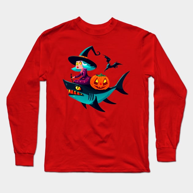 Wicked Witch's Shark Ride: A Spooky Halloween Adventure Long Sleeve T-Shirt by FromHamburg